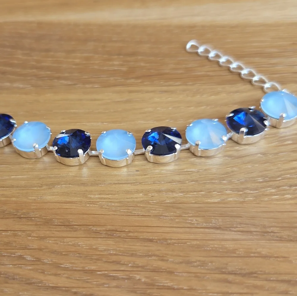 Silver Setting Bracelet, Blue Rivoli Crystals, Hand Crafted